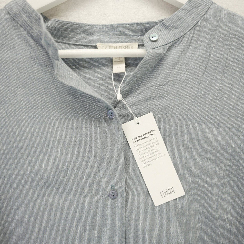 Eileen Fisher Organic Linen Mandarin Collar Tunic Top Blue Large NEW - Picture 3 of 9
